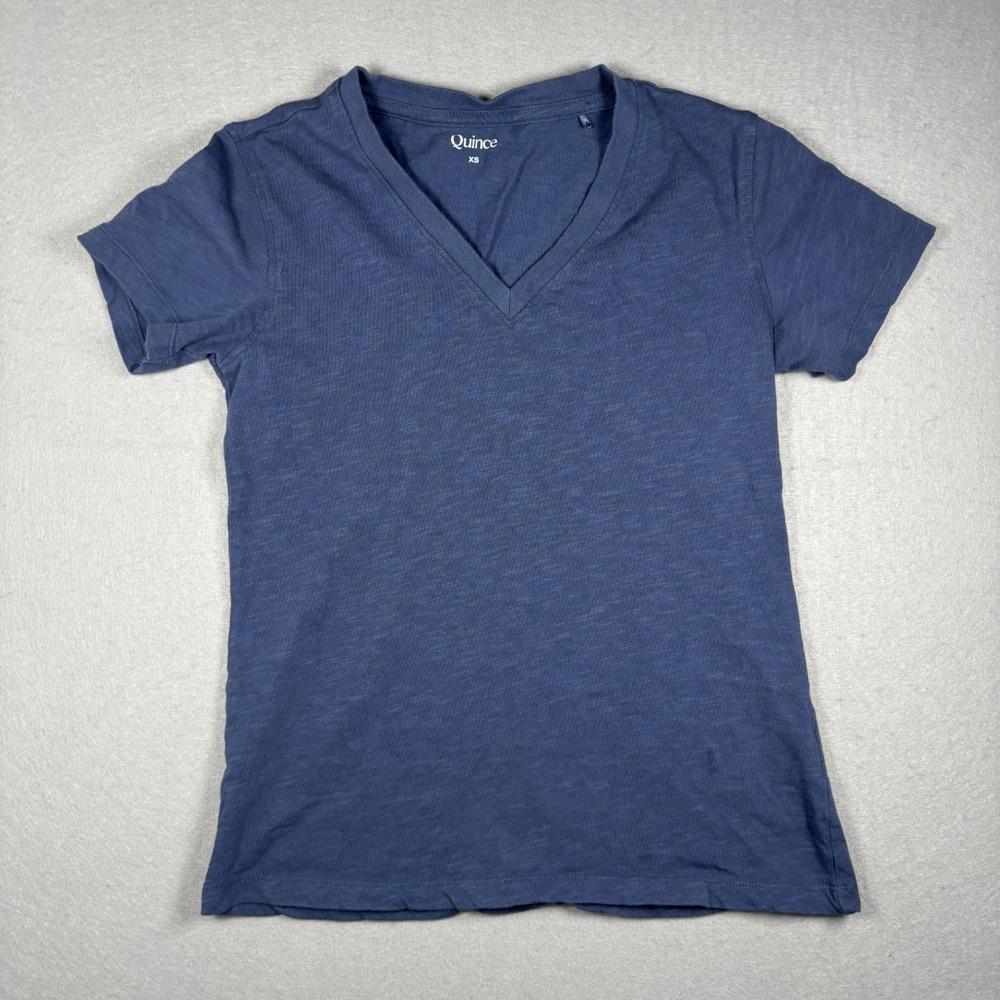 Quince Womens XS Organic Cotton Slub V-Neck Tee Short Sleeve Navy Blue T-Shirt